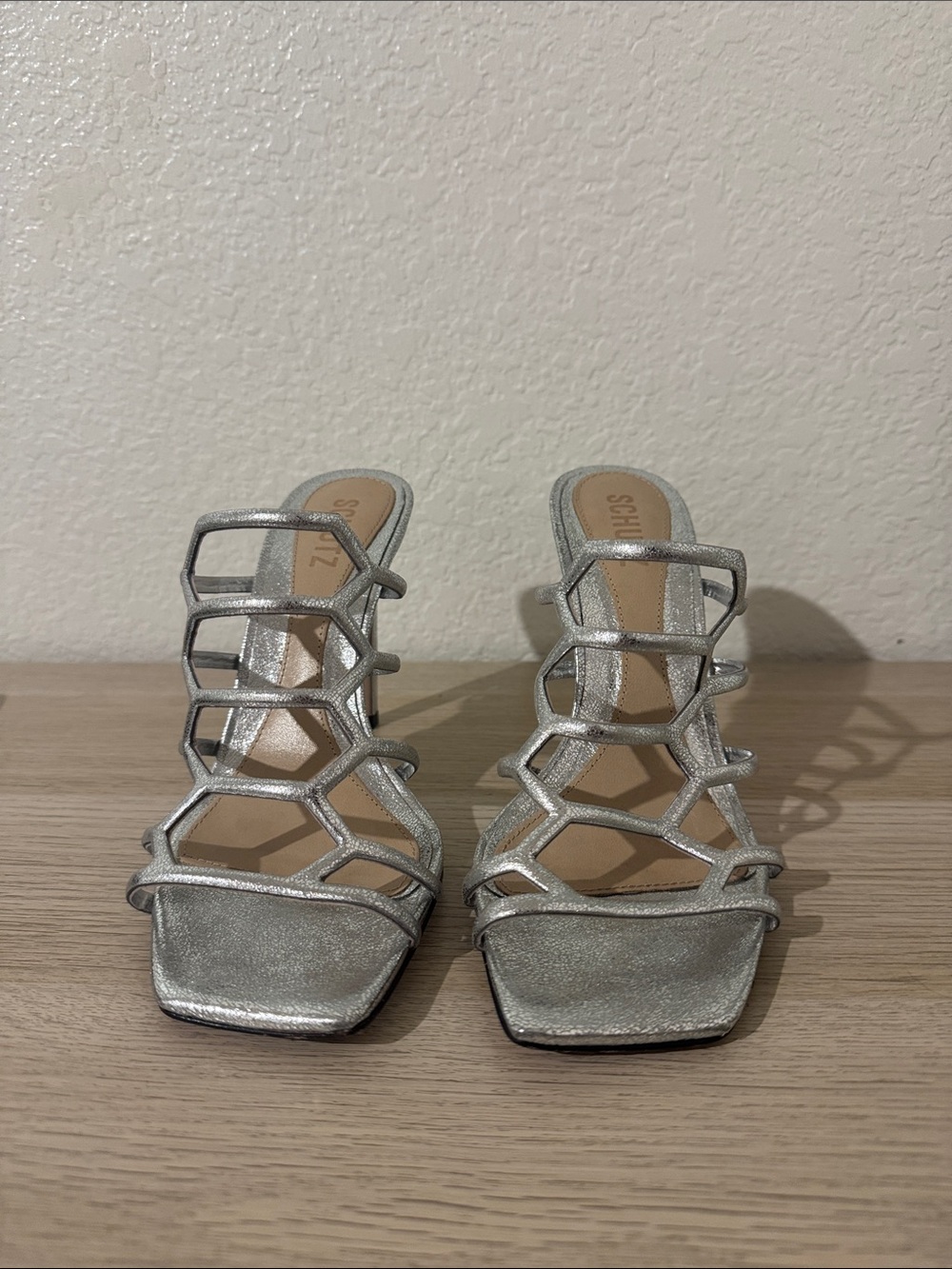 SCHUTZ Metallic Silver Hex-Cage Slide Heels